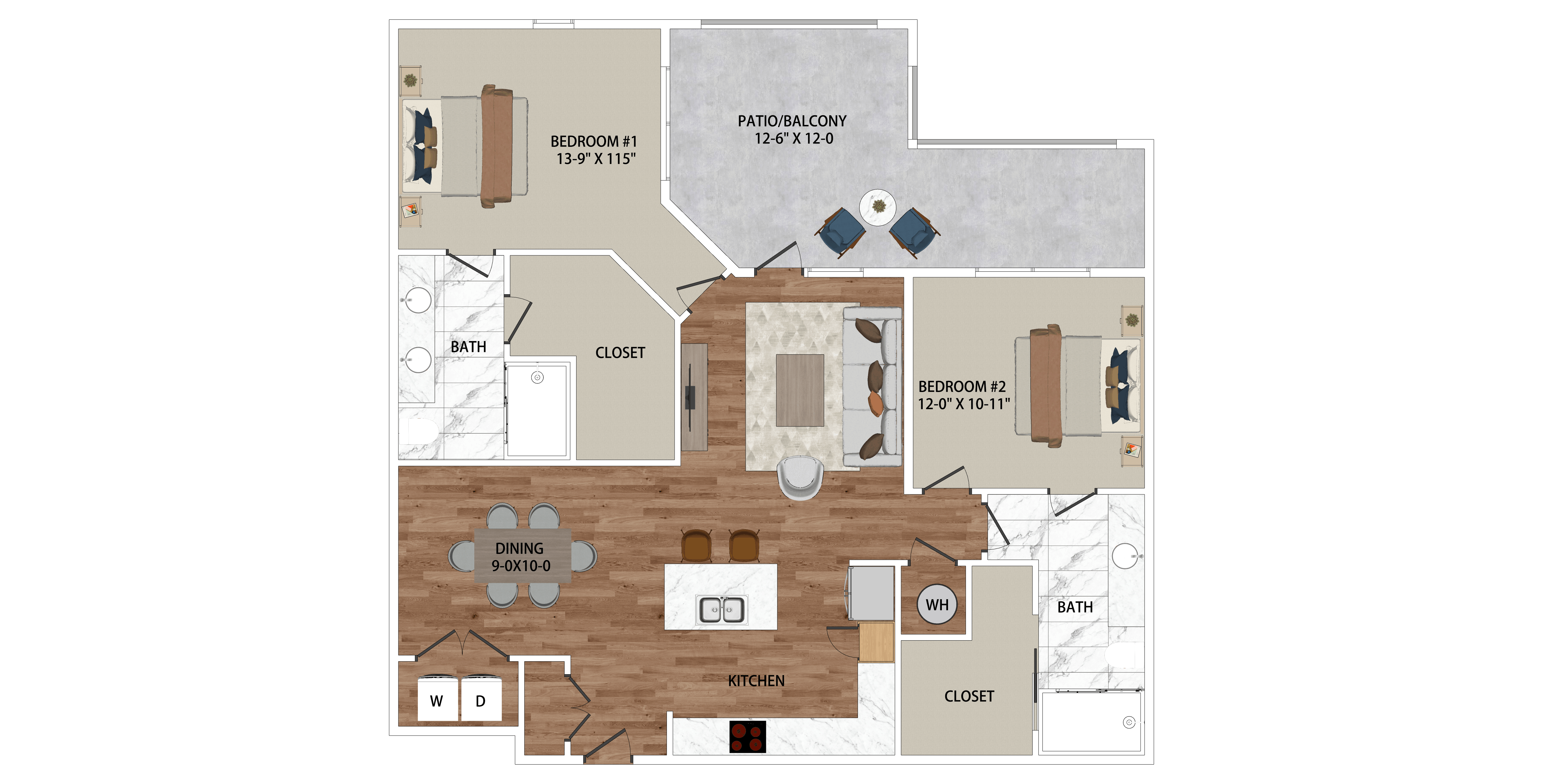 Floor plan for 2 beds, 2 baths, 1230 sqft